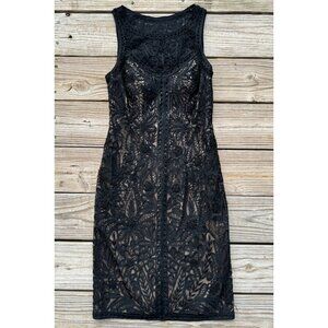 Sue Wong Nocturne Black Nude Lace Illusion Embroidered Sheath Dress Size 0 L2